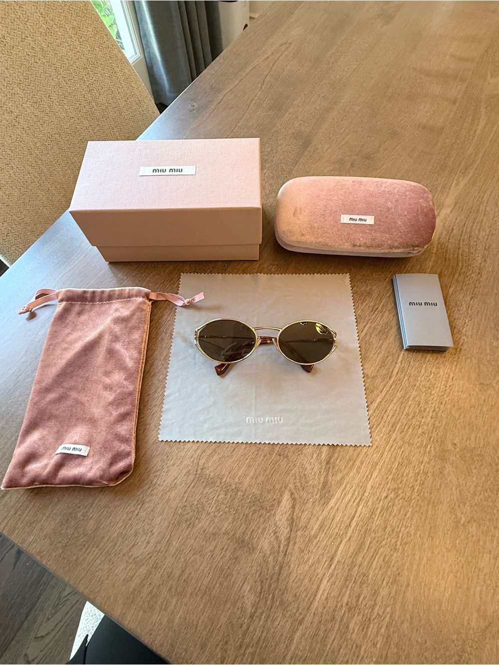 Miu Miu Gold Frame Sunglasses with Pink Velvet Case & Pouch